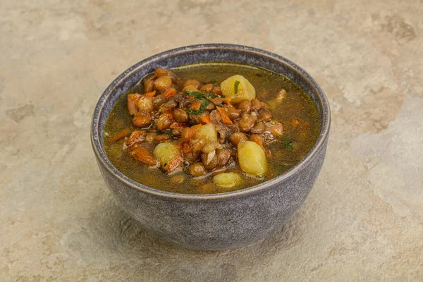 Soupe Traditionnelle Aux Lentilles Avec Poulet Légumes — Photo