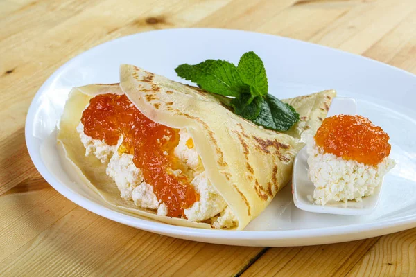 Crêpe Fromage Cottage Confiture Fruits — Photo