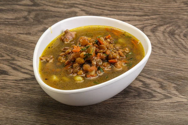 Sopa Lentilha Tradicional Com Frango Legumes — Fotografia de Stock