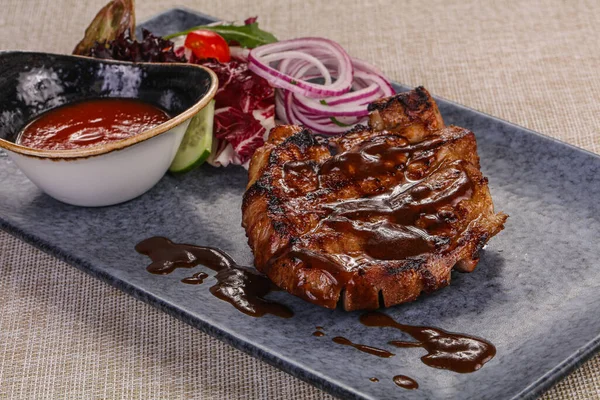 Grilled Pork Steak Tomato Sauce Onion Rings — Stock Photo, Image