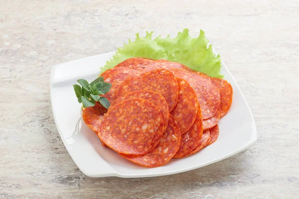 Sliced Pepperoni Salami Sausage Bowl — Stock Photo, Image