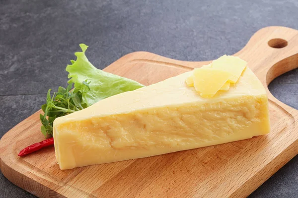 Parmesan Cheese Piece Board Served Basil Leaves — Stockfoto