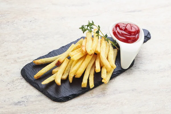 French Fried Potato Board Tomato Sauce — Stock Photo, Image