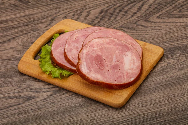 Rodajas Jamón Carne Cerdo Sobre Tabla Madera —  Fotos de Stock