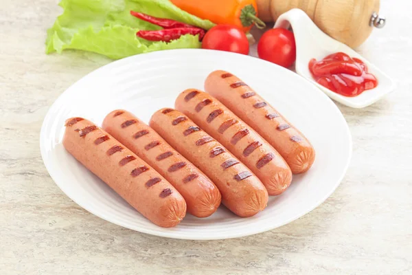 Grilled Sausages Tomato Sauce Breakfast — Stock Photo, Image