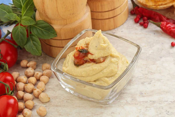 Hummus Garbanzo Ecológico Natural Con Aceite Oliva Especias — Foto de Stock