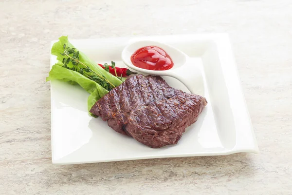 Gegrilde Machete Rok Rundvlees Steak Geserveerd Tijm Ketchup — Stockfoto