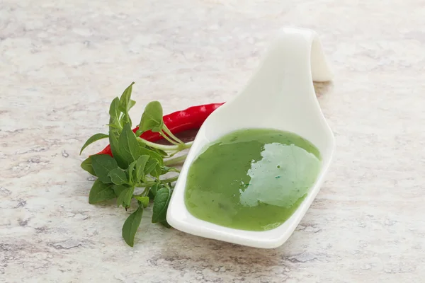 Zielona Ostra Papryka Chili Sos Limonki — Zdjęcie stockowe