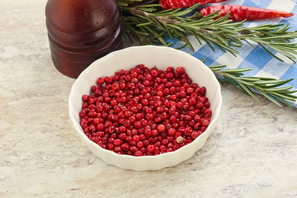 Red Pepper Corn Seeds Aroma Spice Bowl Stock Image