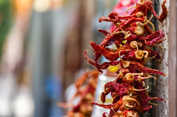 Torkade röda hoade Chilipeppar hängande från väggen — Stockfoto