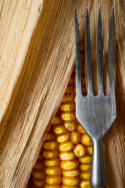 Primer plano de maíz y tenedor . — Foto de Stock