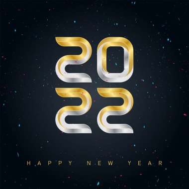 Konfeti ve simle dolu yeni yıl tebrik kartı. Mutlu yıllar 2022, vektör arkaplanı altın, gümüş harfler ve sayılar. Broşür tasarım şablonu. Dileklerle takvimin kapağı.