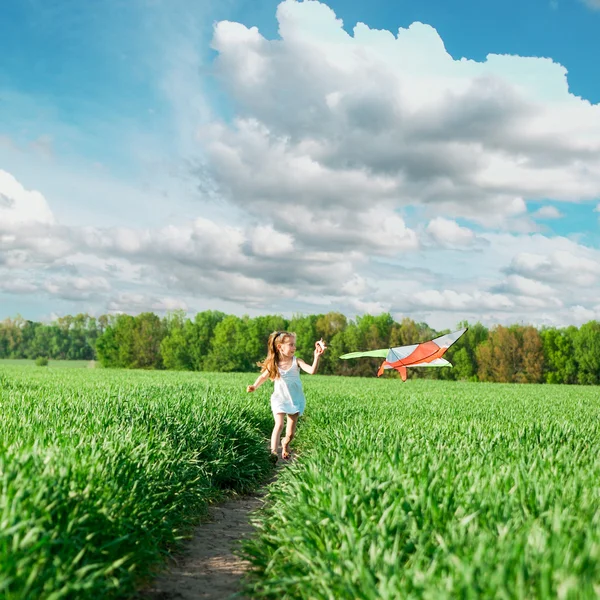 Cute dziewczynka leci latawca — Zdjęcie stockowe