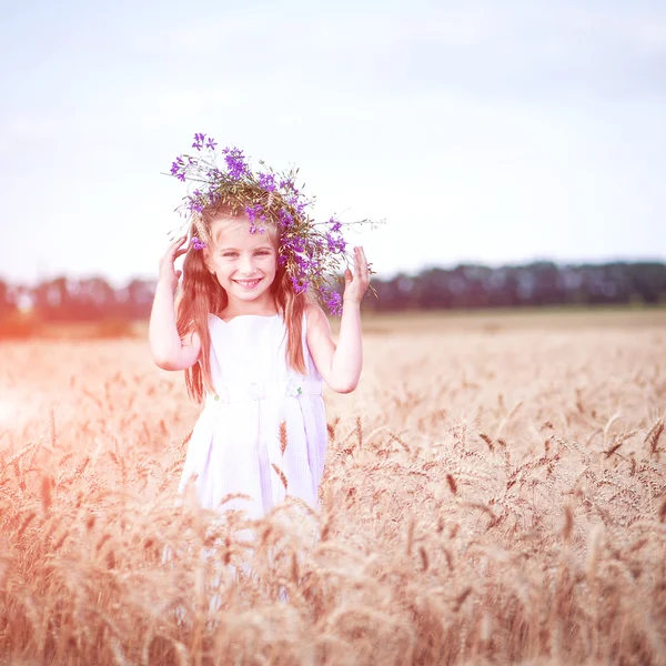 Vacker liten flicka i ett fält av vete — Stockfoto