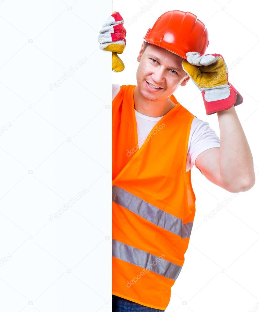 working man holding a white blank