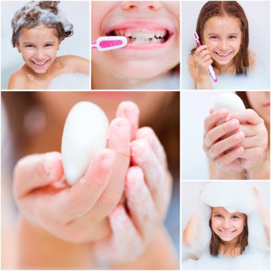 collage of photos in which a girl takes a bath clipart