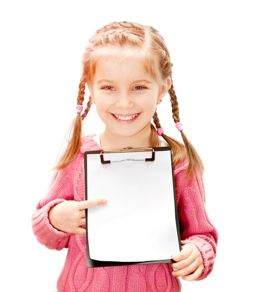 Little girl with white blank — Stock Photo, Image