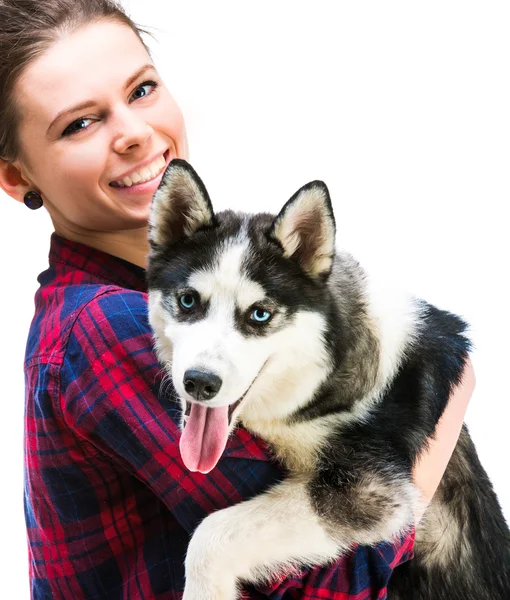 Ženy s její štěně husky — Stock fotografie