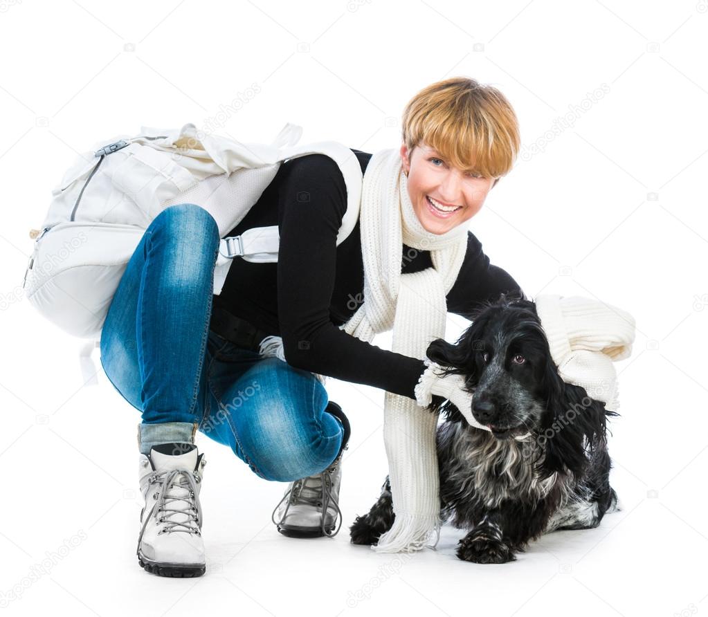 young modern woman with her dog cocker spaniel