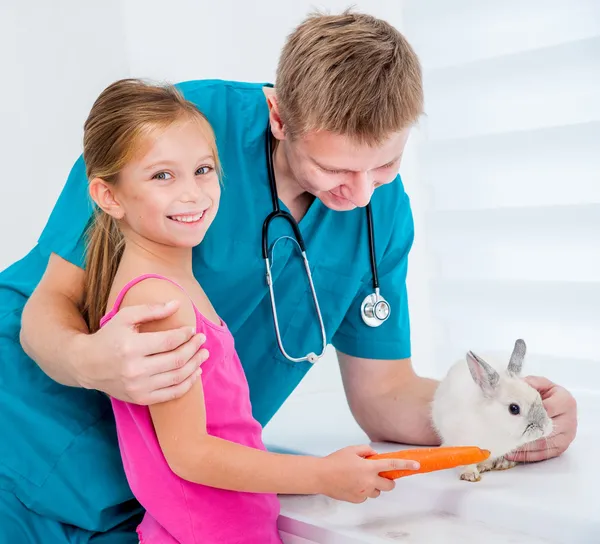 Médico de veterenarii e menina com coelho — Fotografia de Stock