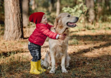 Golden retriever köpeği olan çocuk