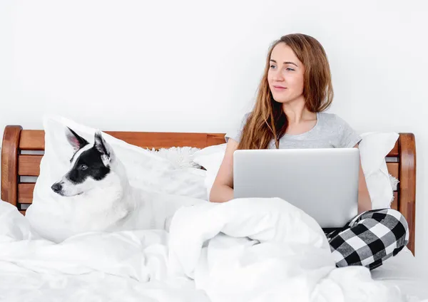 Dizüstü bilgisayarı olan ve yatakta köpeği olan kız. — Stok fotoğraf