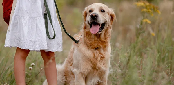 Flicka med golden retriever hund — Stockfoto