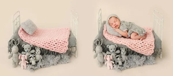 Composition with newborn baby portrait and empty furniture — Stockfoto