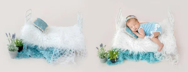 Komposition mit neugeborenem Babyporträt und leeren Möbeln — Stockfoto