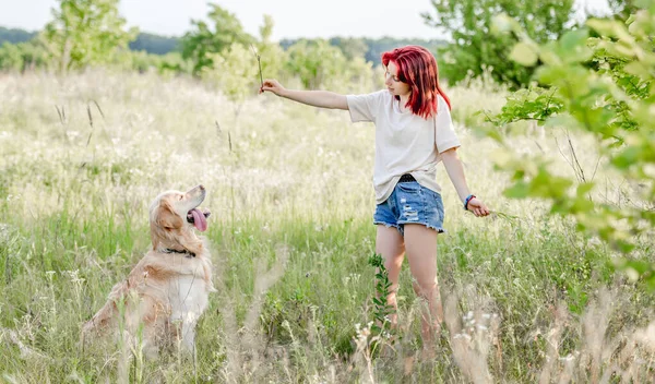 Golden retriever köpeği olan genç bir kız. — Stok fotoğraf