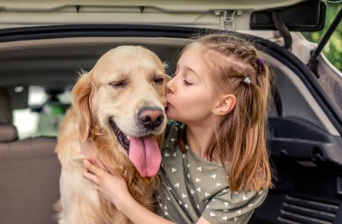 Arabasında golden retriever köpeği olan genç bir kız.