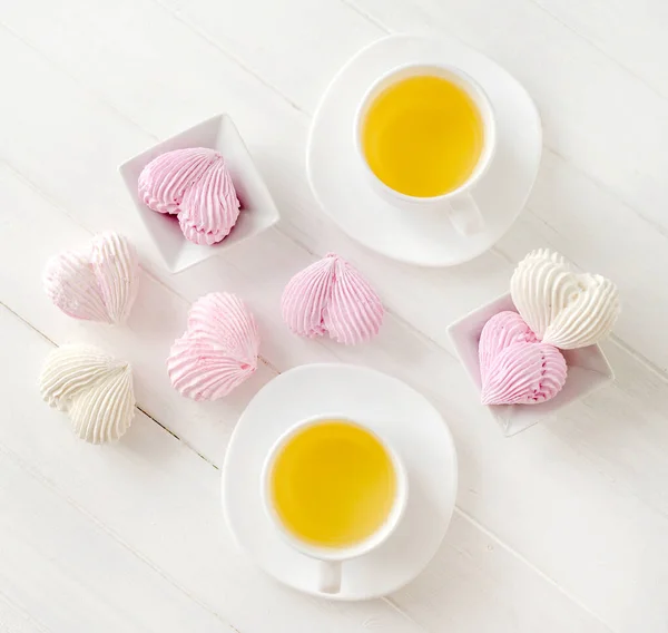 Marshmallow set med te — Stockfoto