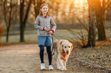 Golden retriever köpeği olan küçük bir kız.