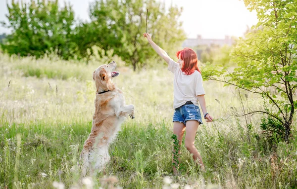 Menina adolescente com cão golden retriever — Fotografia de Stock