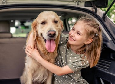 Arabasında golden retriever köpeği olan genç bir kız.