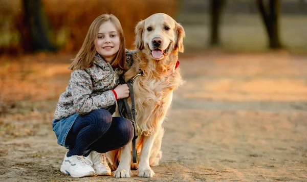 Gadis remaja dengan anjing golden retriever — Stok Foto