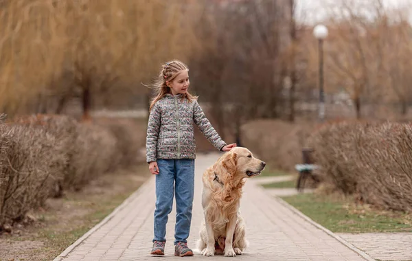 Preteen dívka se zlatým retrívrem pes — Stock fotografie