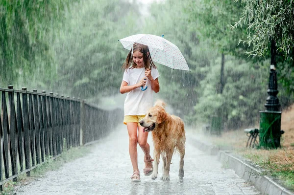 Menina com cão golden retriever em dia chuvoso — Fotografia de Stock