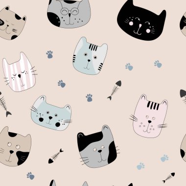 Pençeleri olan kedicik kusursuz desen. Sevimli renkli kedi yavrusu miyavlaması çizimi. Kartpostallar ve çocuk kumaşları için.