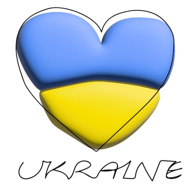 Sarı ve mavi kulaçlı kalp Ukrayna bayrağı renginde. Ukrayna ve Ukrayna halkına destek ve sevgi kavramı. Üç Boyut