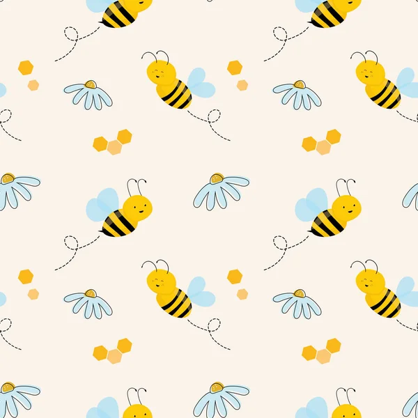Fliegende Niedliche Bienen Nahtloses Muster Vector Cartoon Schwarz Und Gelb — Stockvektor