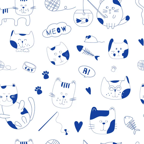 Kotek Kot Bezszwowy Wzór Miau Tekst Kolorze Niebieskim Białym Cute — Wektor stockowy