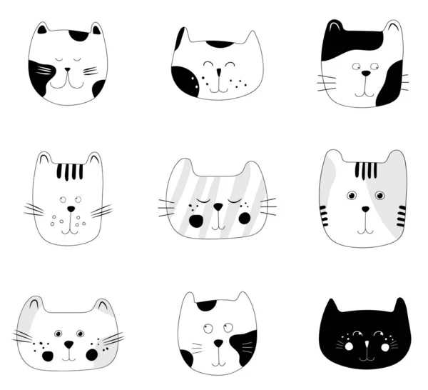 cabeças de gatos coloridos bonitos, rostos de gatinho, padrão sem emenda de  vetor. personagens de desenhos animados de animais de estimação gatinho  engraçados com emoções, textura para tecido, papel de parede, papel