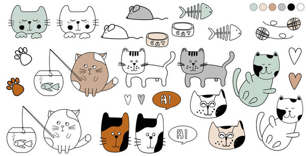 Симпатичные кошки мультяшный набор для раскраски книги для детей. Коллекция рисунков кошачьих животных
