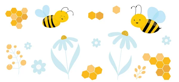 Cartoon Bees Design Vector Yellow Light Blue Colors Decoration White — Stock Vector