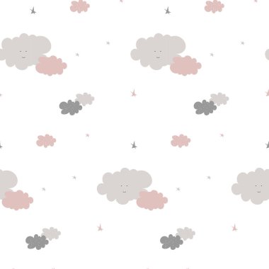 Pembe ve gri gökyüzü elementleriyle bulutsuz bir desen. Çocuklar için doğa atmosferi sanat tasviri kumaş ve dekorasyon