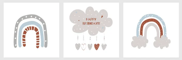 虹と月と幸せな誕生日の赤ちゃんのグラフィックベクトルイラスト 子供部屋やギフトカードの装飾のためのかわいいデザイン甘い詳細と心 — ストックベクタ