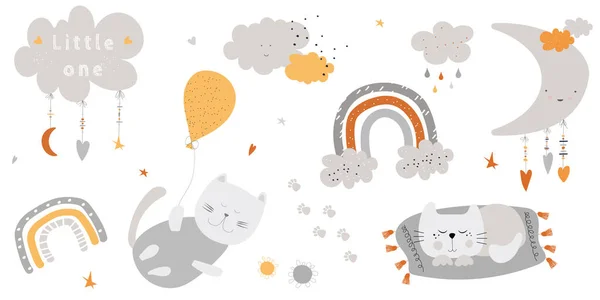 Verjaardag Vector Illustratie Met Slapende Katten Regenboog Maan Met Wolken — Stockvector