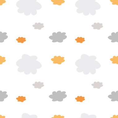 Turuncu ve gri gökyüzü elementleriyle bulutsuz desen. Çocuklar için doğa atmosferi sanat tasviri kumaş ve dekorasyon