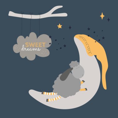 Tatlı rüyalar. Koyunlar ay vektör çizimlerinde uyur. Bulutlar ve mavi arka planda çocuklar için kartpostallar ve süslemeler vardır. Mutlu şekerleme kuzu çizgi film çizimleri Gece gökyüzü ve yıldızlar
